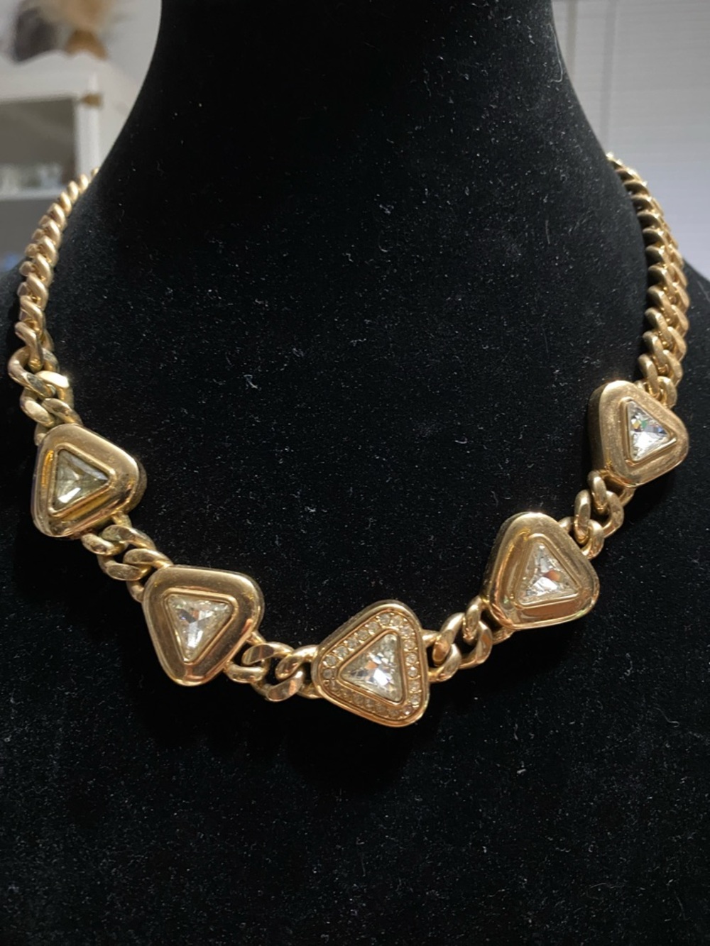 SAL Swarovski Crystal Gold Triangle Statement Necklace